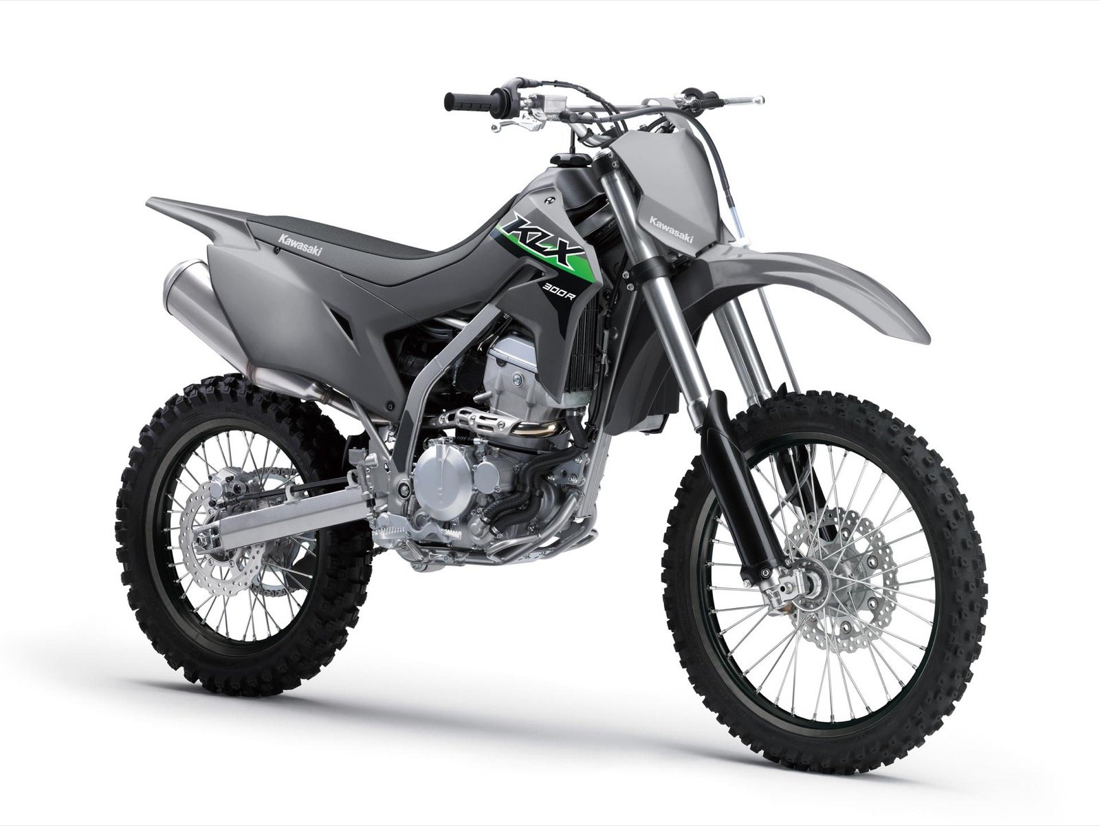 Kawasaki KLX300R 2026 Ice Gray vista lateral frontal