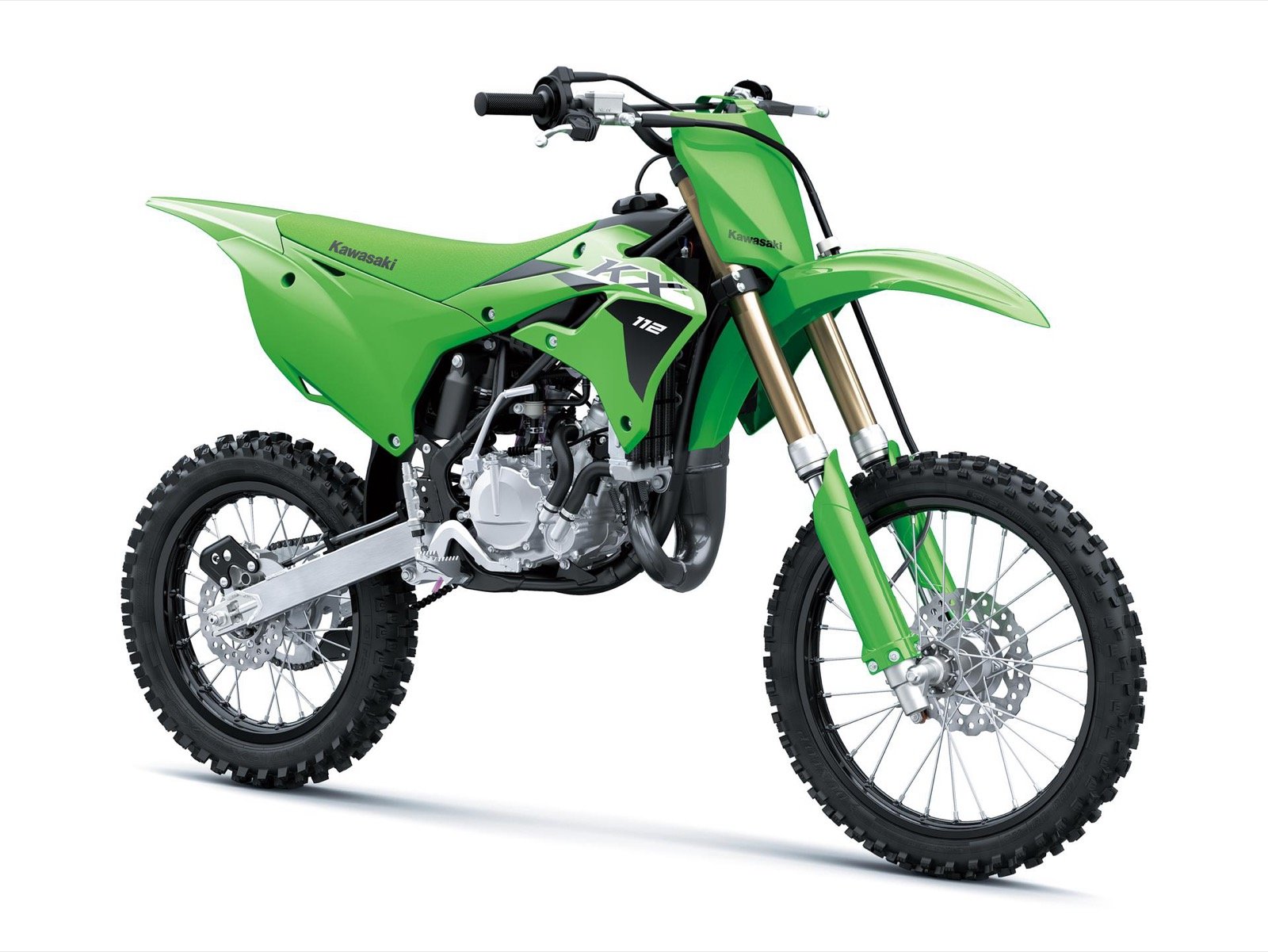 Kawasaki KX112 2025 Lime Green vista lateral frontal
