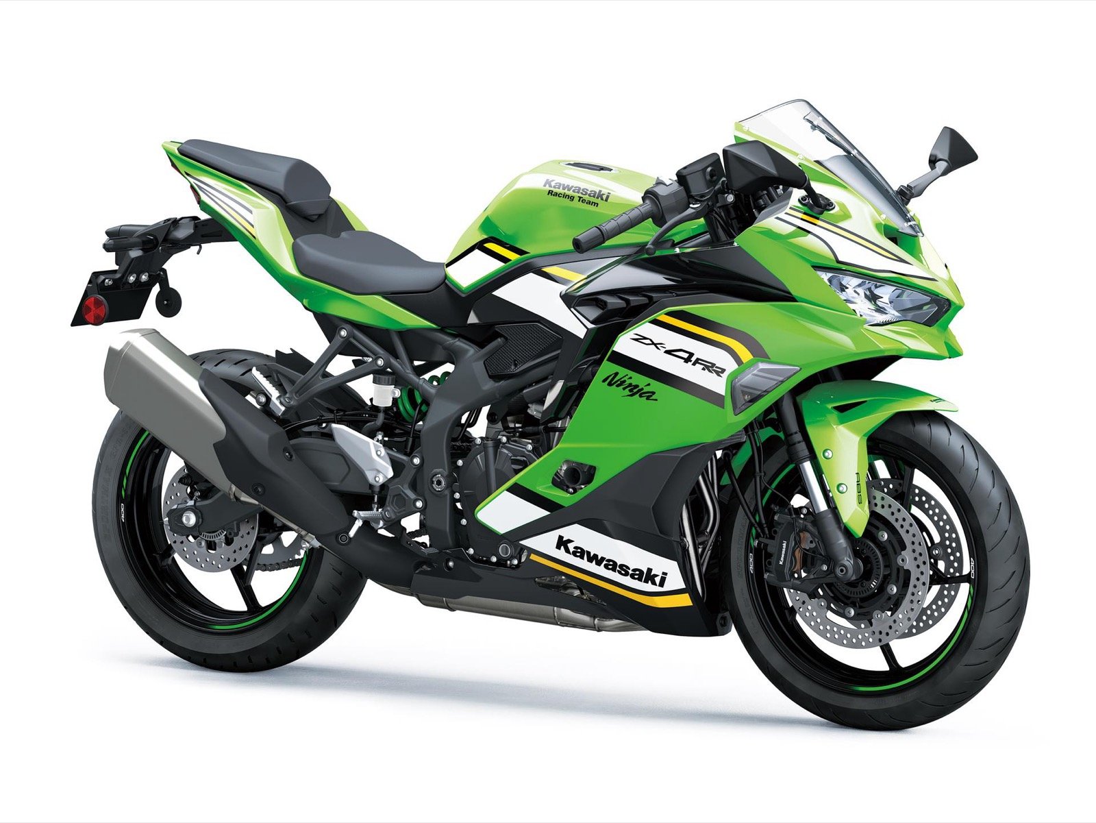 Kawasaki Ninja ZX-4RR 2026 Lime Green Ebony Pearl Blizzard White vista lateral frontal